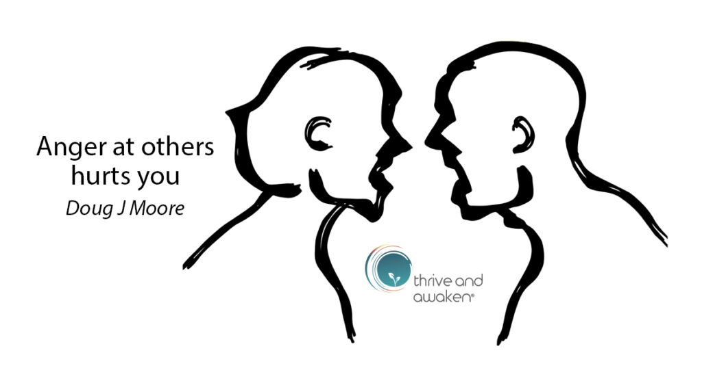 Two sketches of people that appear angry. Saying is: Anger at others hurts you.